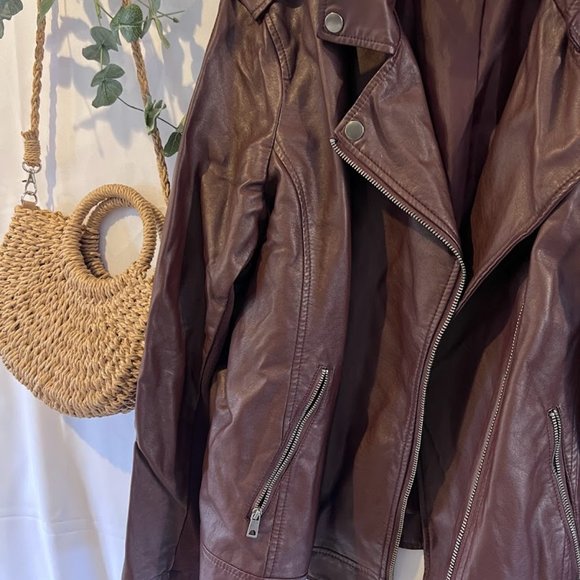 Style & Co Vintage Women Leather Like Jacket Biker Bomber Brown Burgundy Moto XL - Picture 4 of 11